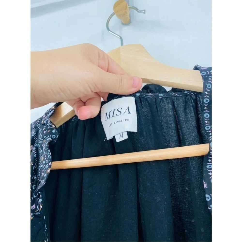 MISA LA Long Sleeve Smocked‎ Waist Lorena Dress black